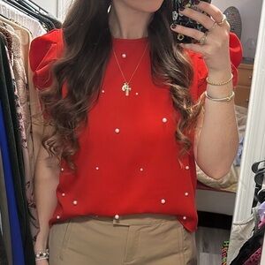 Red puff sleeve Top with Pearls